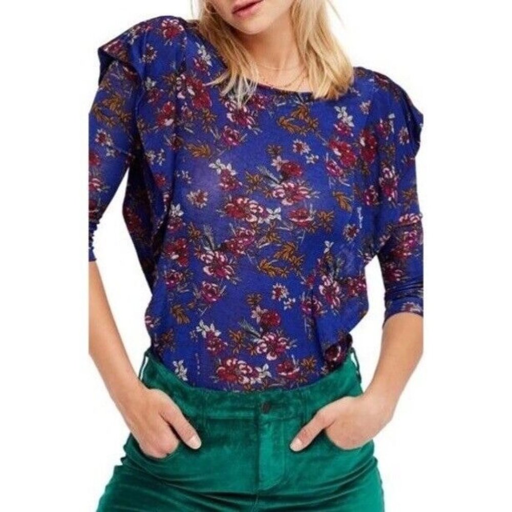 Free People Women’s Dock Street Blue Floral Ruffle Top Small 3/4 Sleeve OB726779